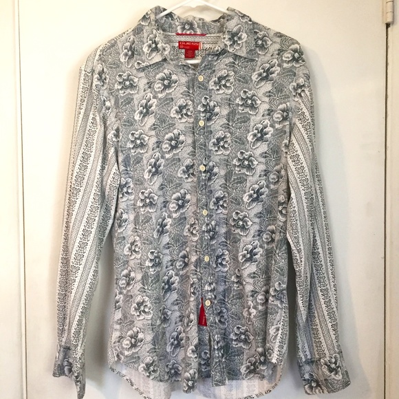 Western Floral Button Up Slate Blue on Soft White -Medium- 100% Cotton - Picture 1 of 8